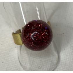 Bague ronde résine boule rouge pailletée